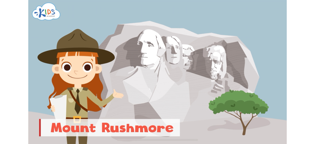 Math Games for Kids: Grade 3 - A cartoon park ranger character presenting a lesson about Mount Rushmore in the Kids Academy educational app.