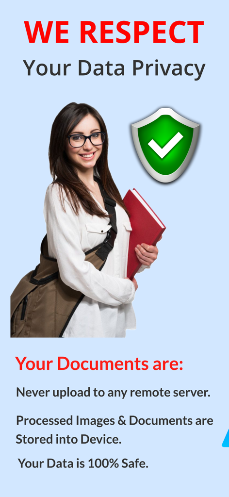 App screen showing data privacy features of a PDF converter app with a student holding a book and a security shield icon.