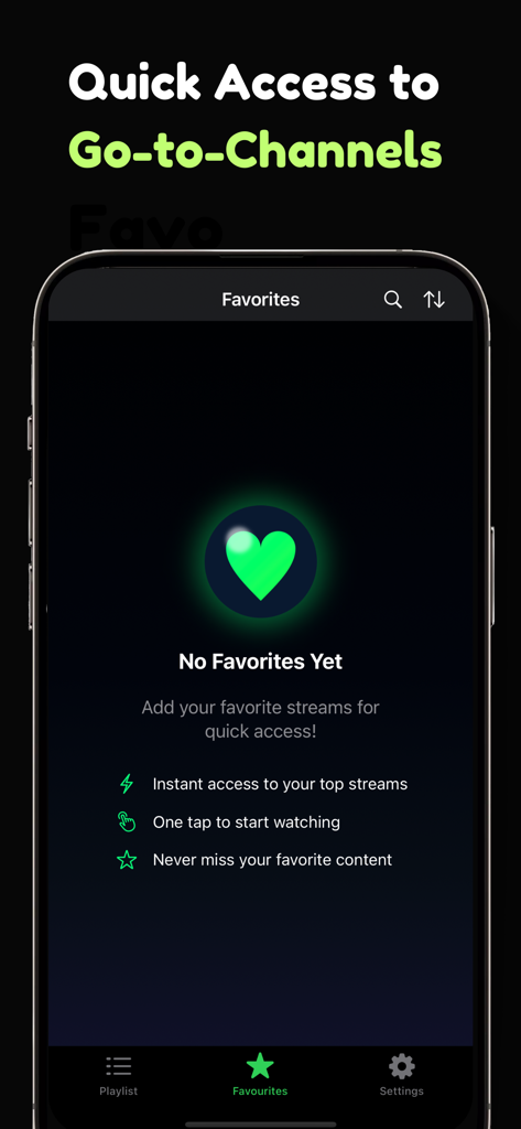Smart IPTV Player app screen for managing favorite live TV channels with a green heart icon