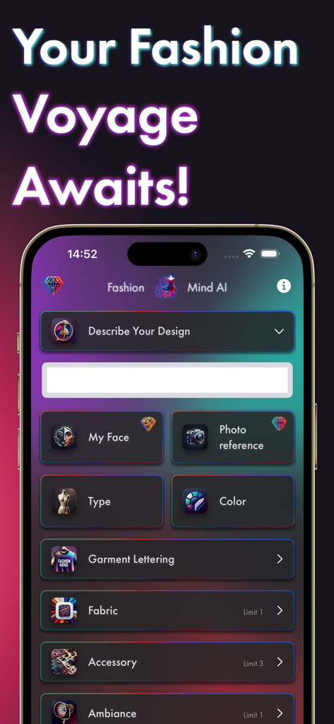 Fashion Mind: AI Designer - Mobile app interface for Fashion Mind AI Designer showing outfit customization features