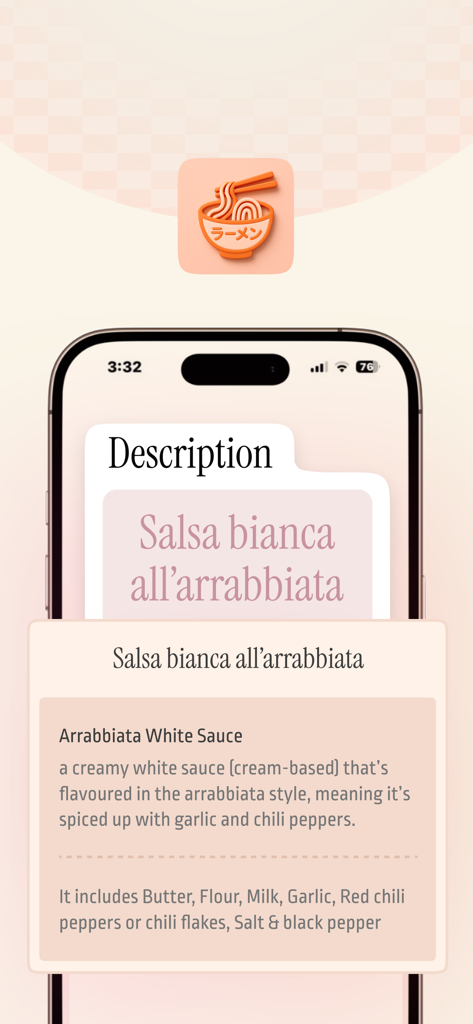 Dishlingo: Food Menu Decoder - Mobile app displaying a detailed description and ingredients for a menu item