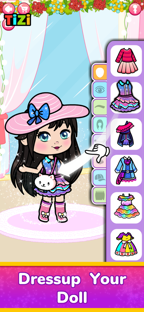 Opções de personalização e vestuário para personagens chibi em Tizi Town.