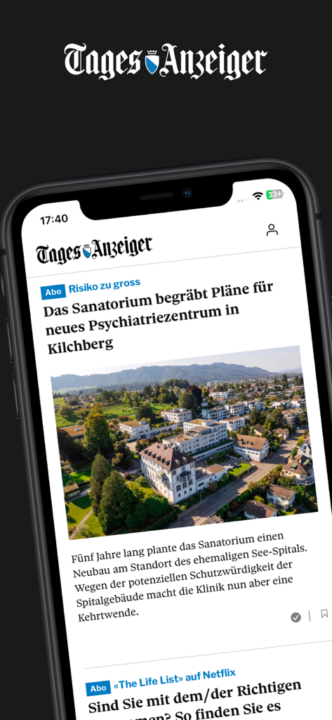 Tages-Anzeiger Nachrichten-App auf einem iPhone angezeigt, die einen schweizerisch-regionalen Nachrichtenartikel mit einem Luftbild zeigt.