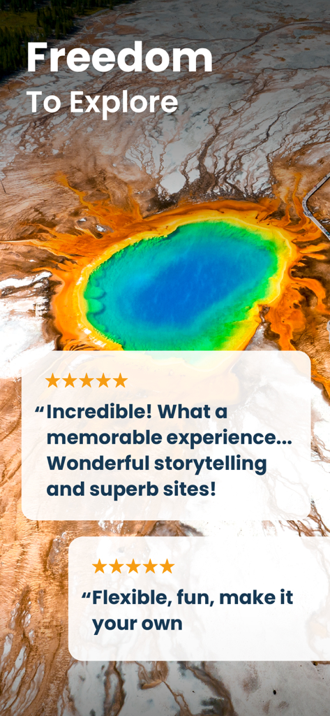 Shaka Guide | GPS Audio Tours - Aerial view of a colorful hot spring in Yellowstone with user testimonials for Shaka Guide GPS audio tours