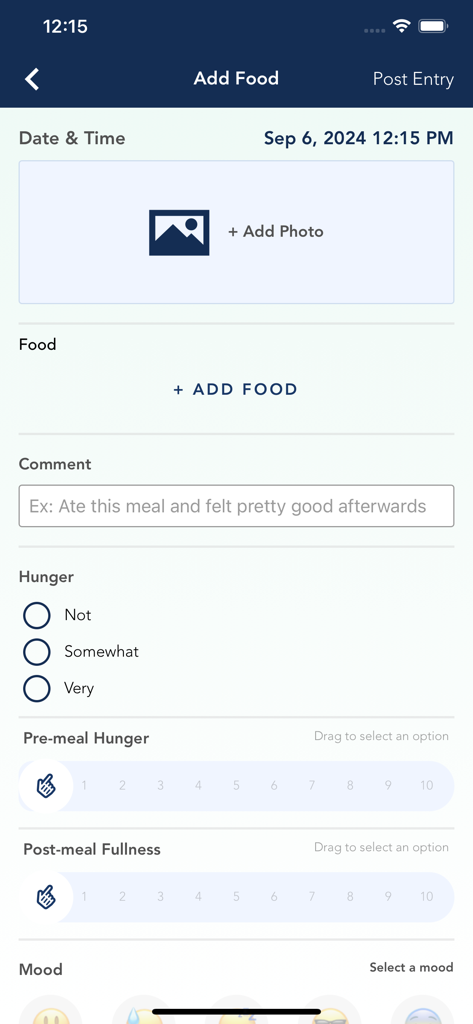 Interfaccia dell'app Syntrillo per registrare l'assunzione di cibo, i livelli di fame e l'umore.