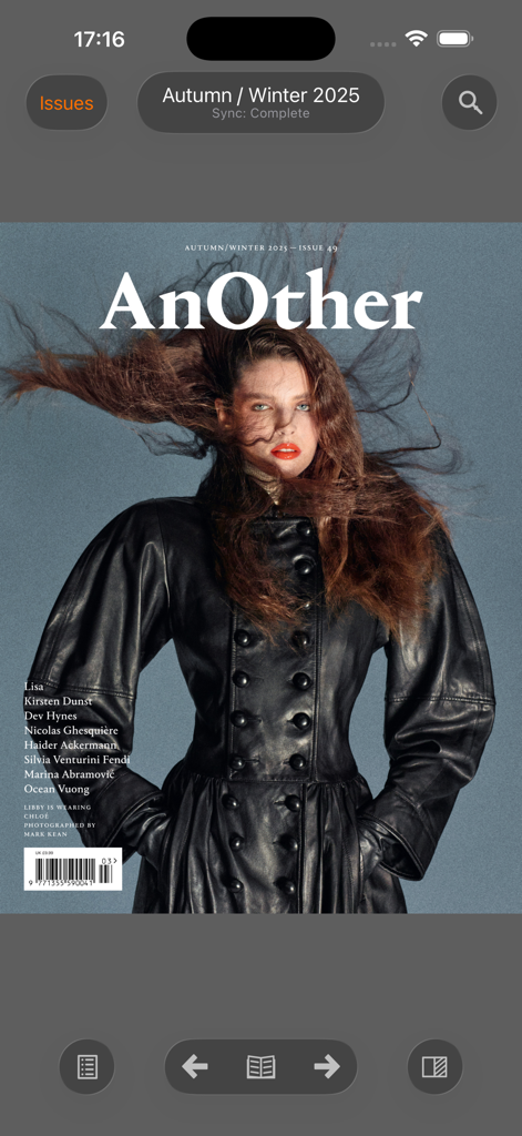 AnOther Magazine - AnOther Magazine app interface showing the Autumn Winter 2025 edition cover with a high fashion model.