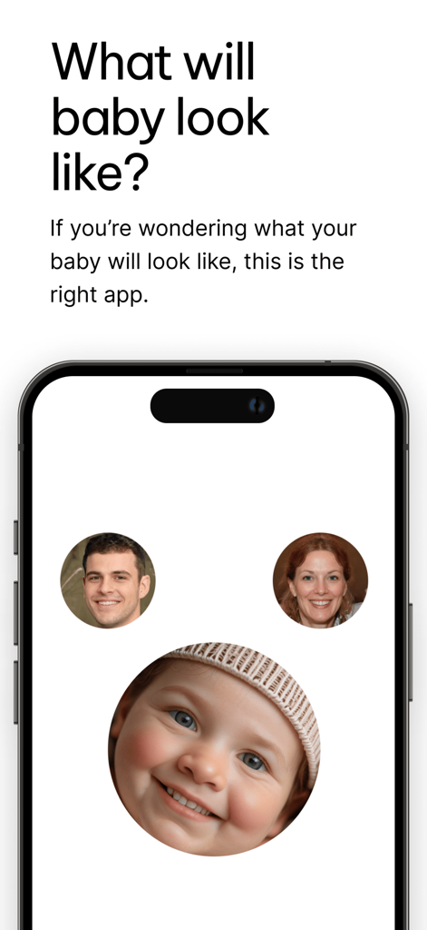 An iPhone screen displaying photos of two parents and their predicted AI generated baby face