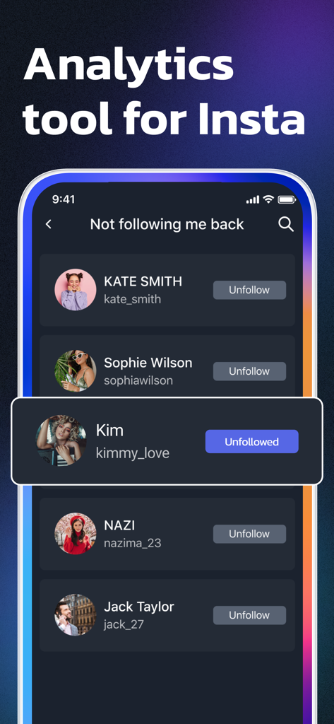 Unfollow on Instagram, Tracker - Oberfläche zeigt eine Liste von Instagram-Nutzern, die nicht zurückfolgen, mit Unfollow-Schaltflächen