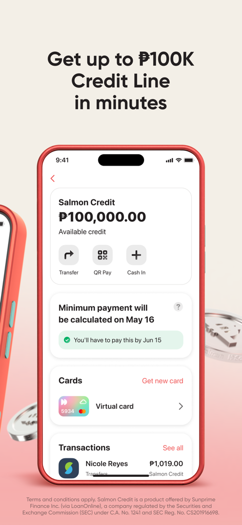 Salmon - Salmonアプリのダッシュボードが表示されたモバイル画面。10万ペソのクレジットラインとバーチャルカードが表示されています。