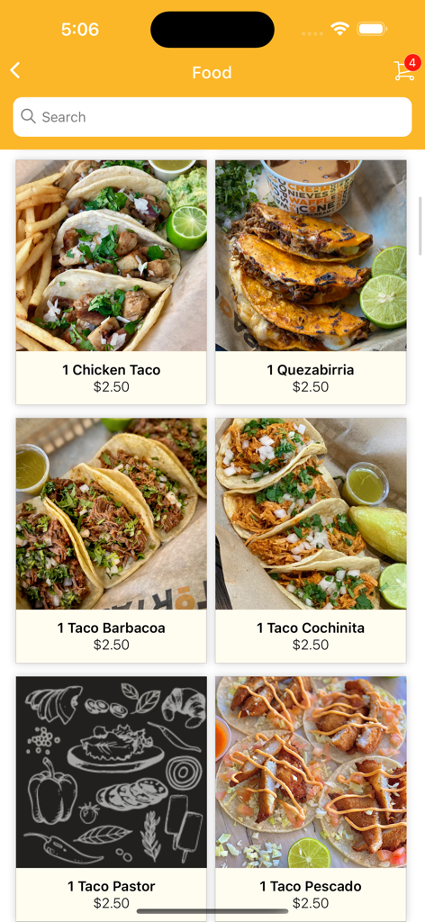 Tortas Paquime - Tortas Paquime app menu screen displaying various tacos with photos and prices