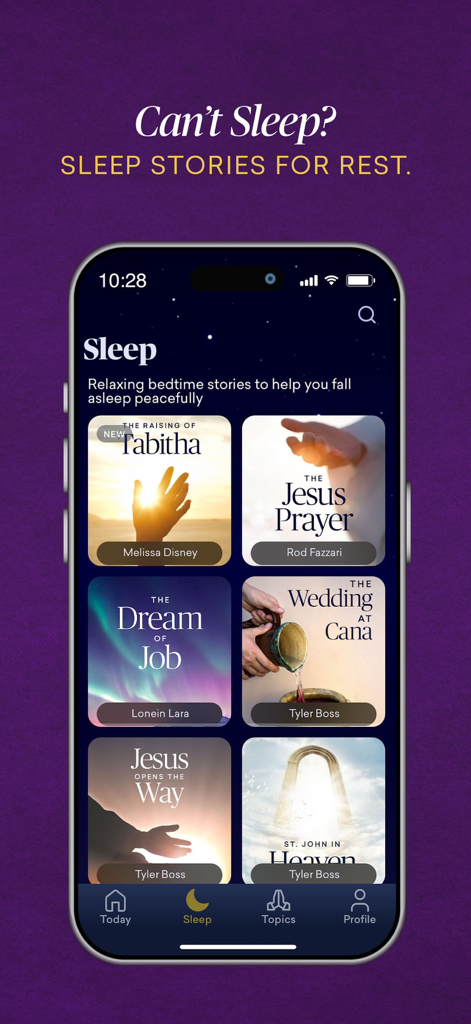 Amen: Catholic Bible & Prayers - Interface of the Amen app showing Catholic sleep stories and biblical bedtime meditations for restful sleep.
