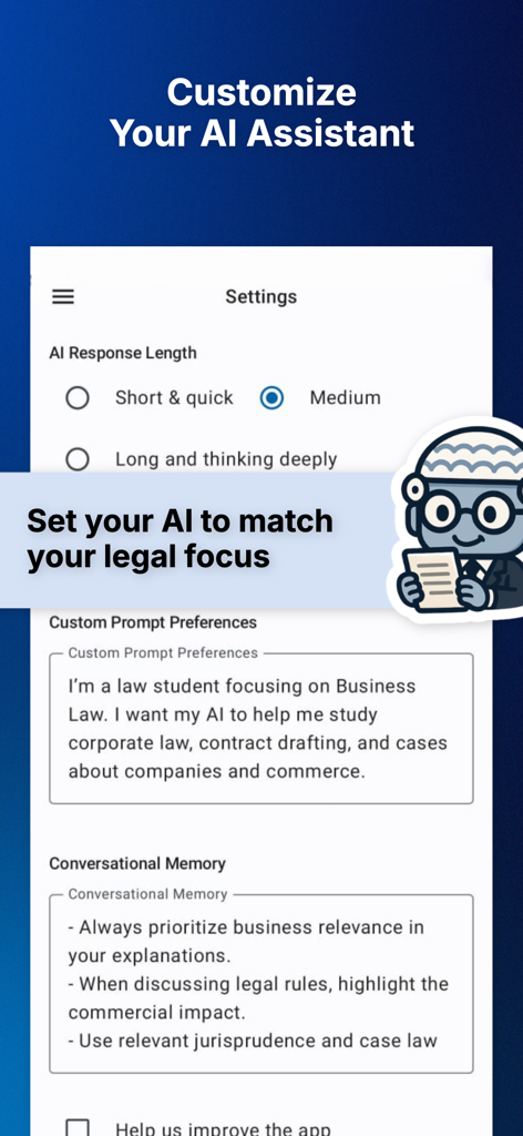 AI Reads Law: Legal Assistant - ビジネス法に焦点を当てた、応答の長さやカスタムプロンプト設定を含むAI法律アシスタント設定のカスタマイズインターフェース。
