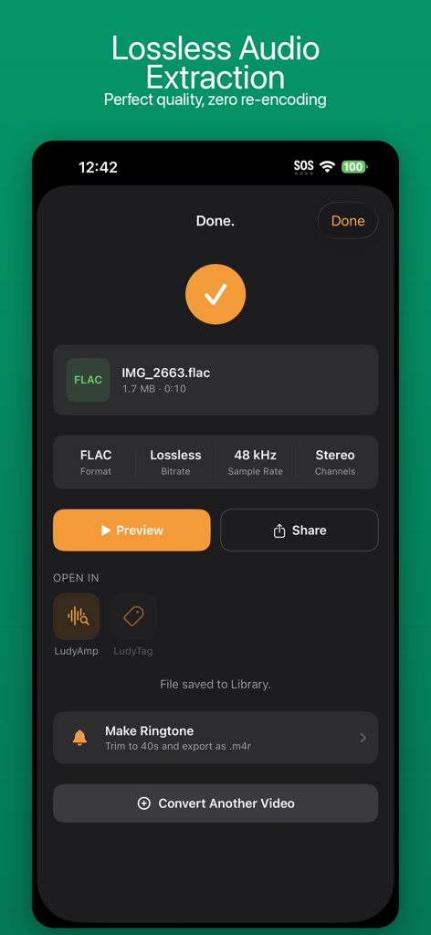 LudyVAC - Video to Audio - Interface montrant l'extraction audio FLAC sans perte terminée à partir d'un fichier vidéo