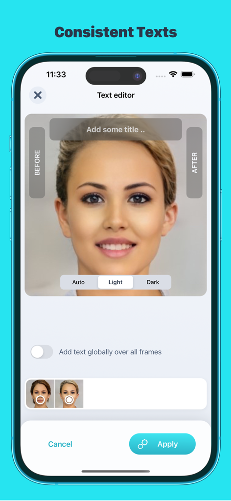 Interfaccia dell'editor di testo dell'app iMed HIPAA cloud per foto estetiche prima e dopo del paziente.