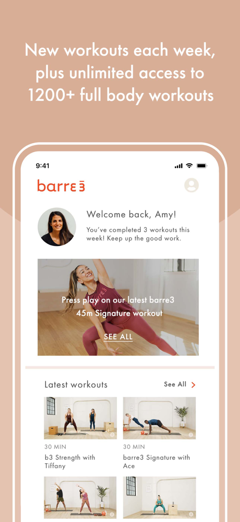 barre3 online - Home screen of the barre3 online app showing personalized dashboard and available on demand workouts