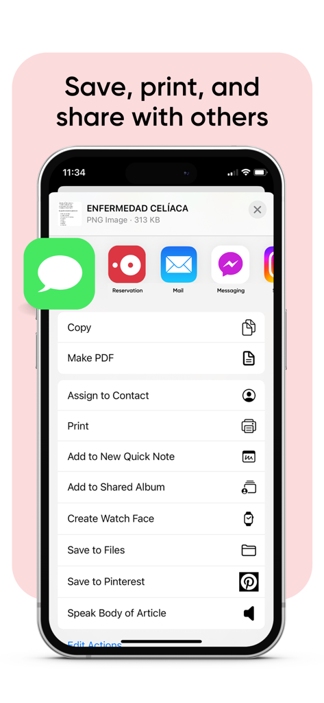Equal Eats - Mobile screen displaying options to save, print, and share a digital allergy translation card from the Equal Eats app.