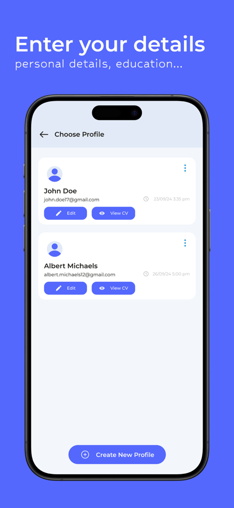 Resume Maker: CV Builder - Pantalla de la aplicación móvil que muestra múltiples perfiles de usuario dentro de una aplicación de creación de currículums, con botones para editar, ver CV o crear un nuevo perfil.