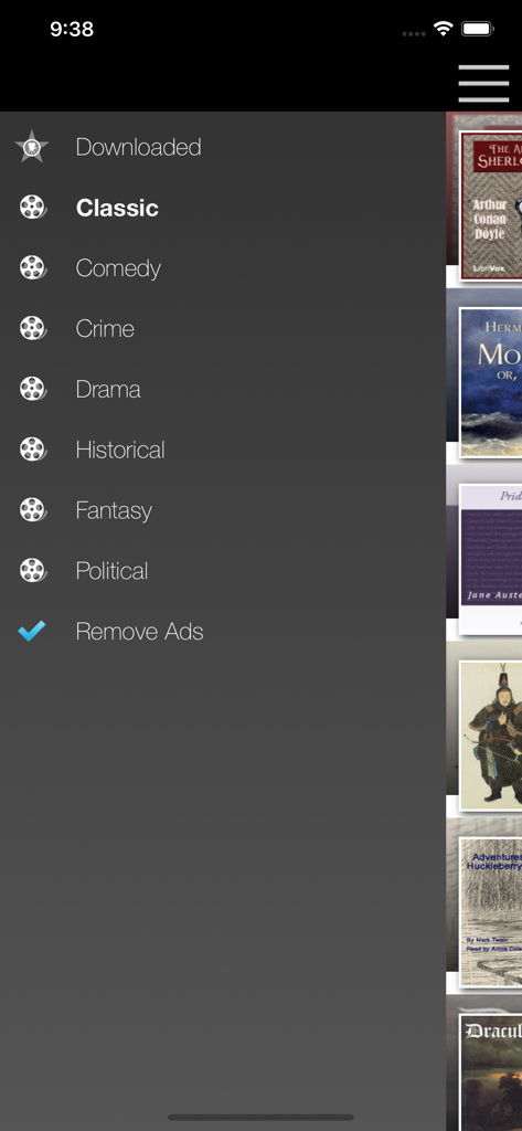 AudioBooks Listen books - Seitennavigationsmenü der AudioBooks-App mit Buchkategorien wie Classic Comedy und Drama.