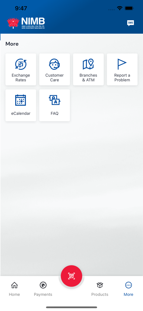 Menu adicional do aplicativo móvel NIMB Smart mostrando taxas de câmbio, contato com o cliente, locais de agências e opções de FAQ
