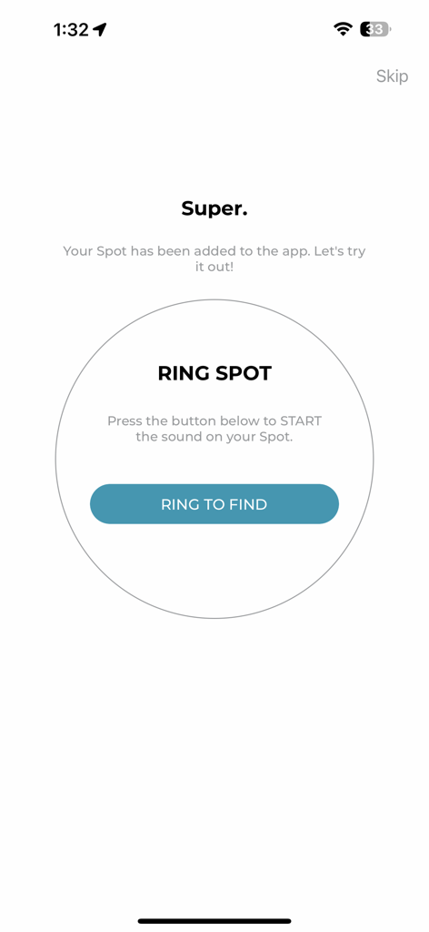 Spot 2.0 app setup screen featuring the Ring to Find button to test the Bluetooth tracker sound