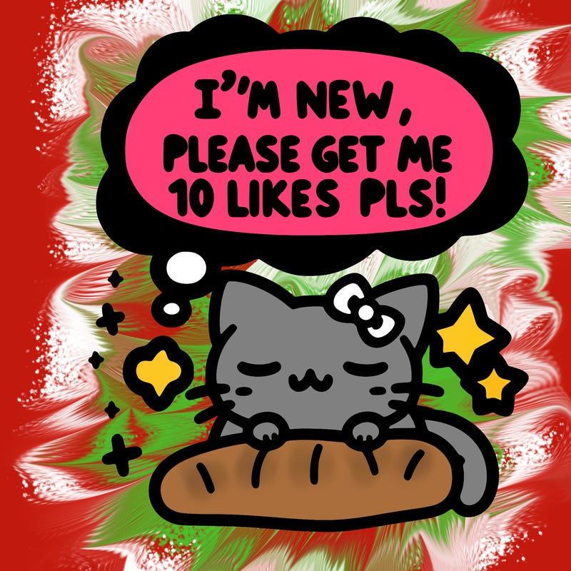 kitty taking a nap dream talking and saying "i'm new, please get me at least 10 likes pls!!"