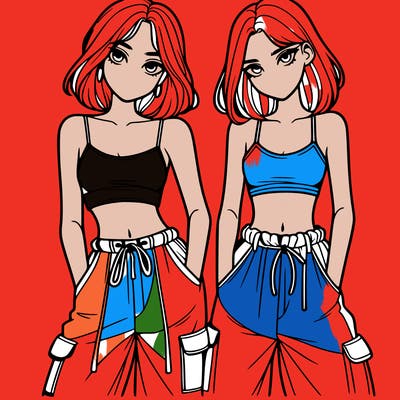 two girls with crop top with baggy pants