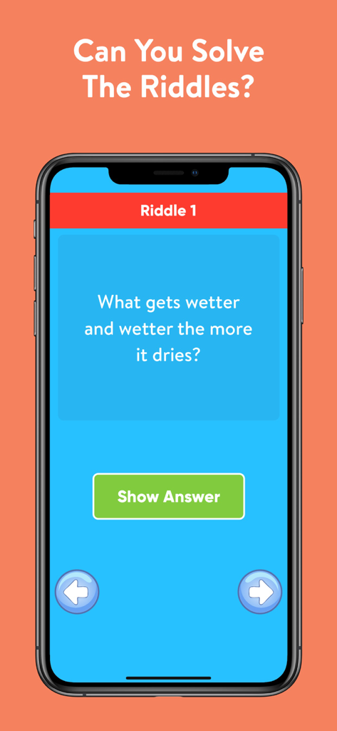 Tricky Riddles app interface showing a brain teaser question with a show answer button