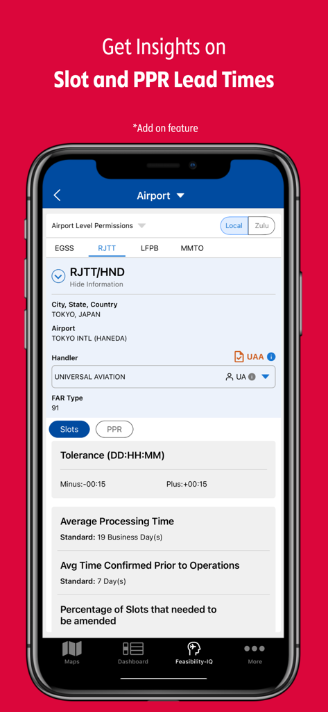 uvGO app interface showing airport slot and PPR lead time insights for mission planning