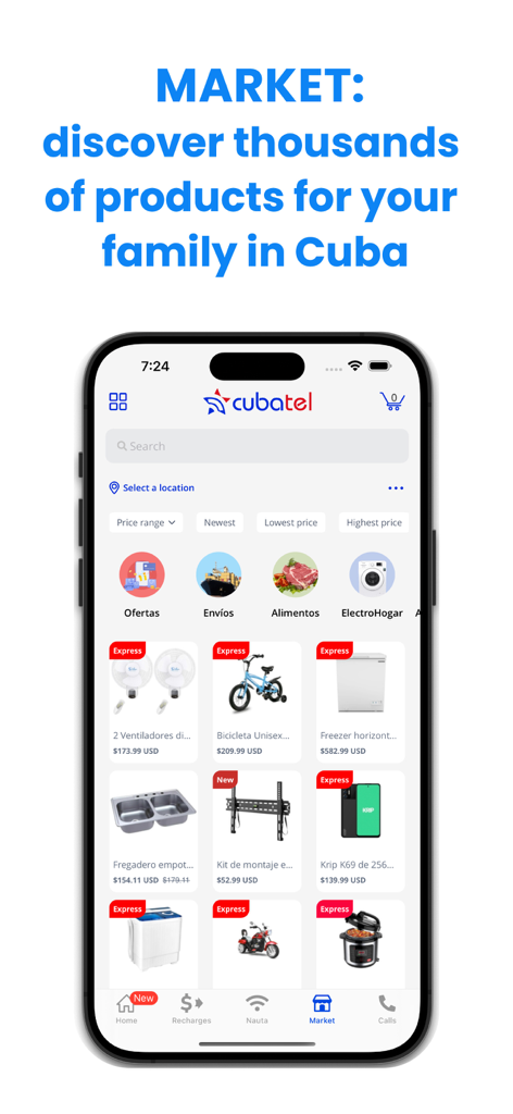 Cubatel app market interface showing appliances and products available for purchase for families in Cuba