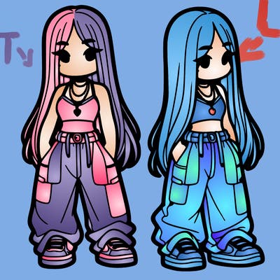 girl in baggy pants crop top and long hair