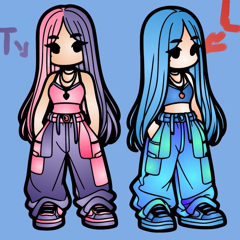 girl in baggy pants crop top and long hair