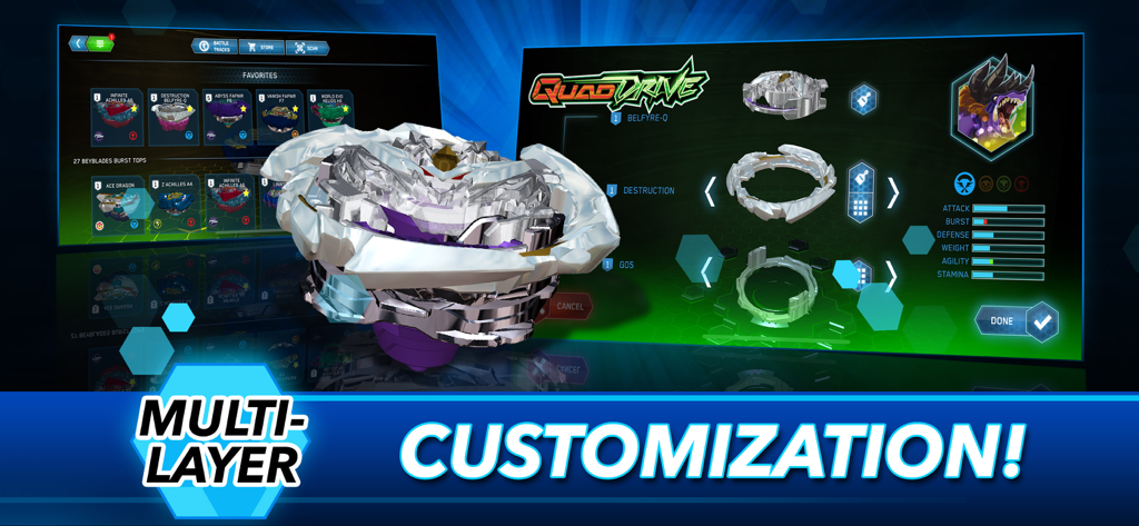 BEYBLADE BURST app - Menü der BEYBLADE BURST App zum Anpassen digitaler Kreisel mit verschiedenen Teilen und Leistungsstatistiken