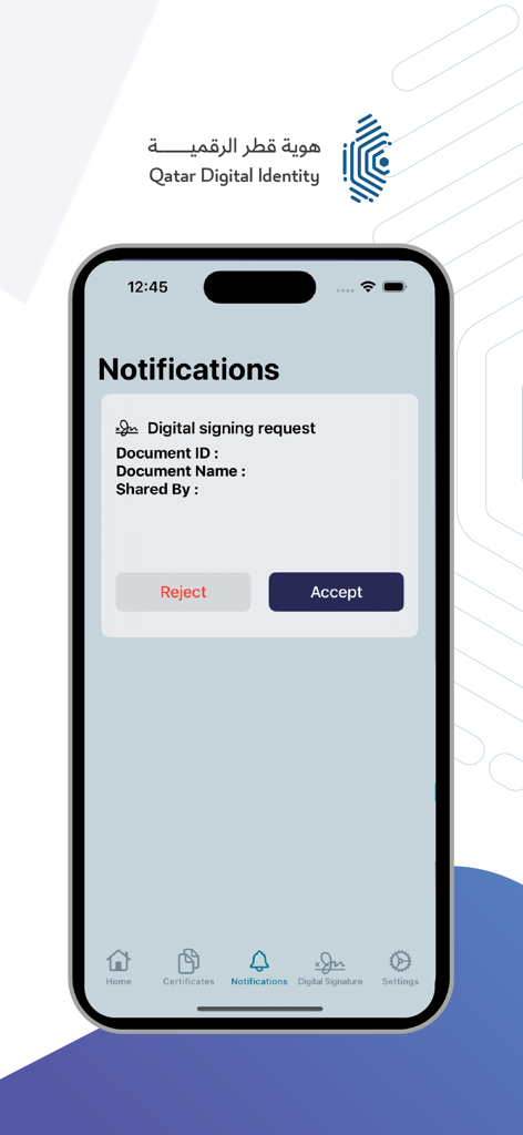 QDI - Qatar Digital Identity app showing a digital signing request notification with options to accept or reject.