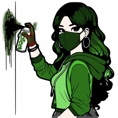 realistic girl with mask spray painting a wall