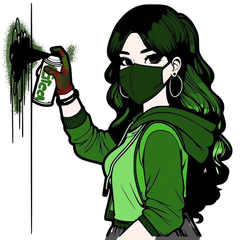 realistic girl with mask spray painting a wall