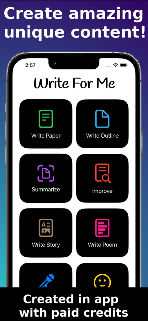 iPhone screen displaying the Write For Me app dashboard with various writing tools including Write Paper, Write Outline, and Summarize.