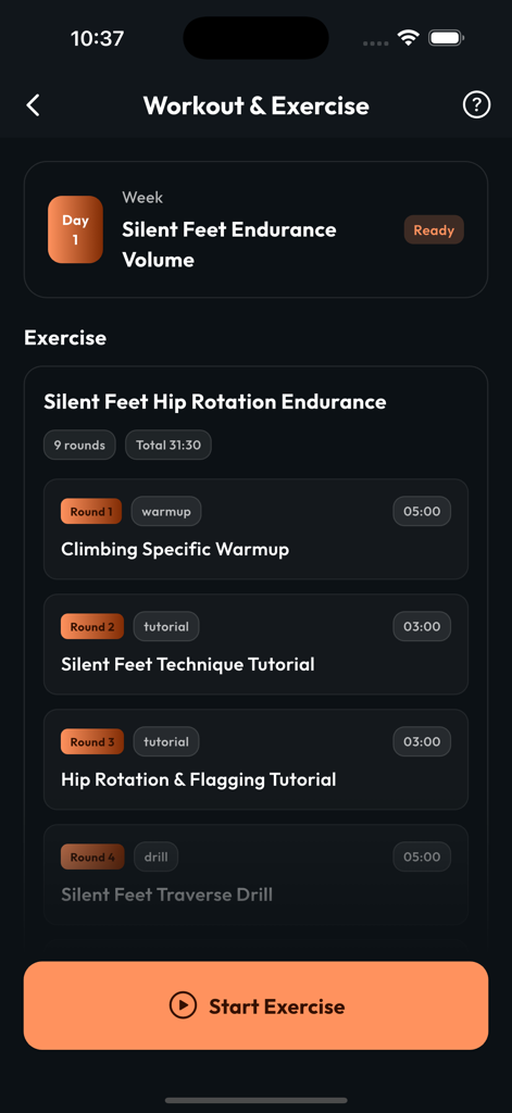 Climbah: Bouldering & Climb AI - Interface of the Climbah app displaying a structured climbing training session with technique drills and tutorials