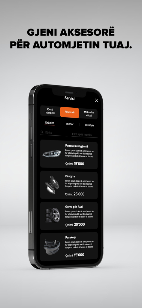 Makina Ime - Interfaz de la aplicación Makina Ime que muestra una lista de accesorios para coches a la venta, incluyendo faros inteligentes y espejos.