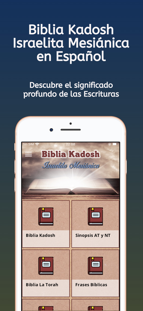 Biblia Kadosh en Español - Biblia Kadosh en Español app home screen displaying study categories like Torah and Biblical Phrases on a smartphone.