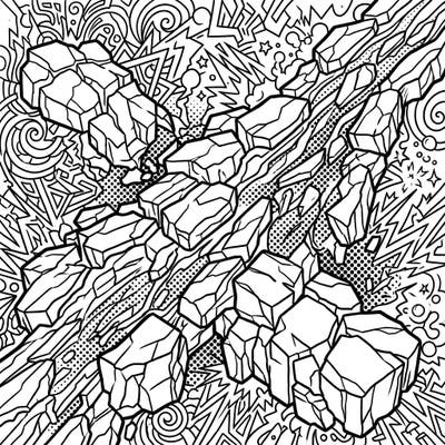 Immerse yourself in the explosive energy of blocky lava flows, reimagined in a striking Pop Art aesthetic. This captivating coloring page features bold outlines and dynamic halftone patterns, ready for your creative touch.