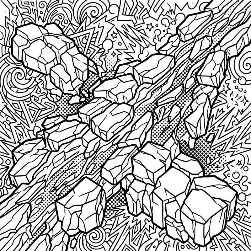 Immerse yourself in the explosive energy of blocky lava flows, reimagined in a striking Pop Art aesthetic. This captivating coloring page features bold outlines and dynamic halftone patterns, ready for your creative touch.