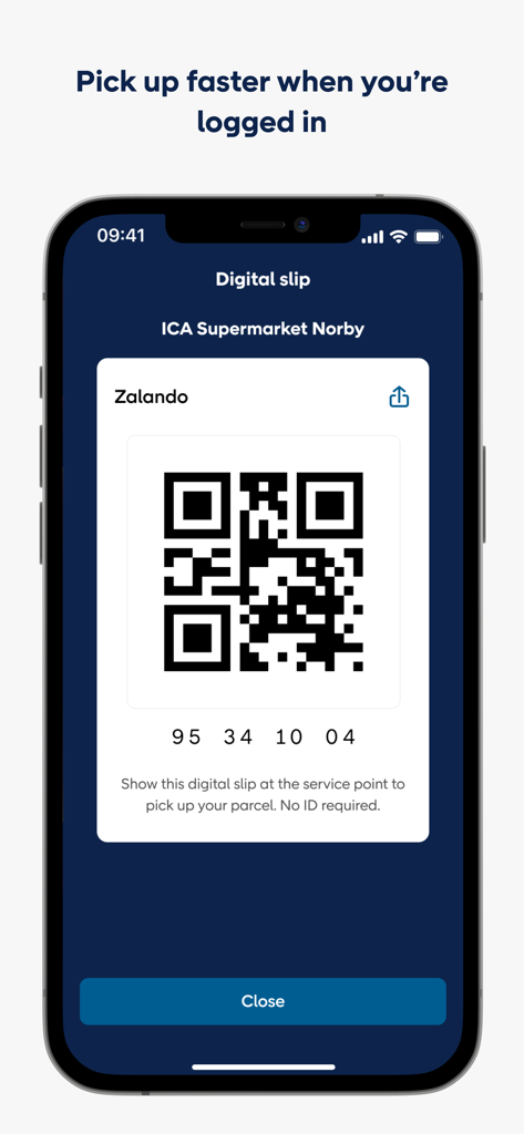 PostNord - Track your parcels - Interface de l'application PostNord affichant un bordereau d'enlèvement numérique avec un code QR pour le retrait du colis
