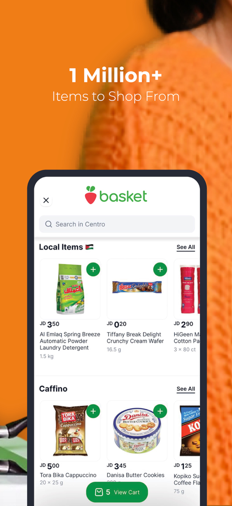 Interface móvel do aplicativo Basket mostrando uma grande variedade de itens de mercearia disponíveis para compra.
