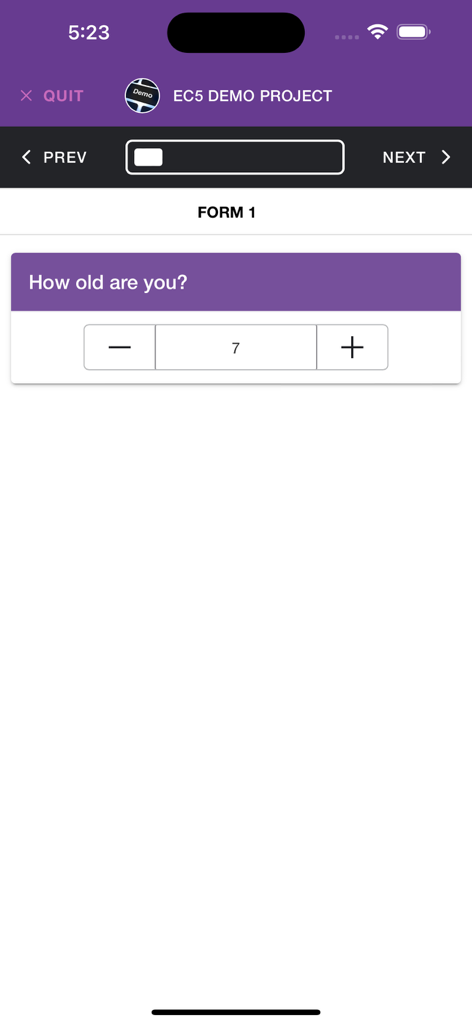 Epicollect5 mobile app screen displaying a questionnaire form with a numeric input question.
