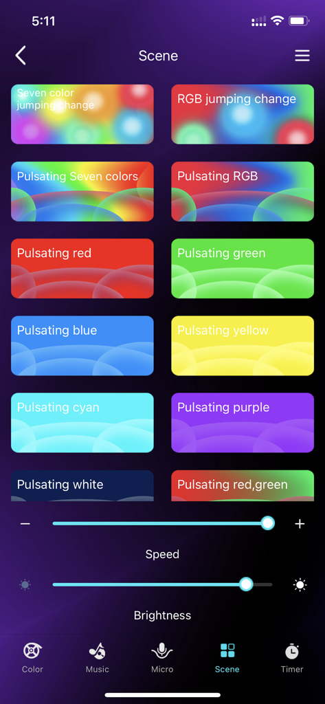 Dazzling Home - Dazzling Home app interface showing various colorful lighting scene presets and controls for speed and brightness