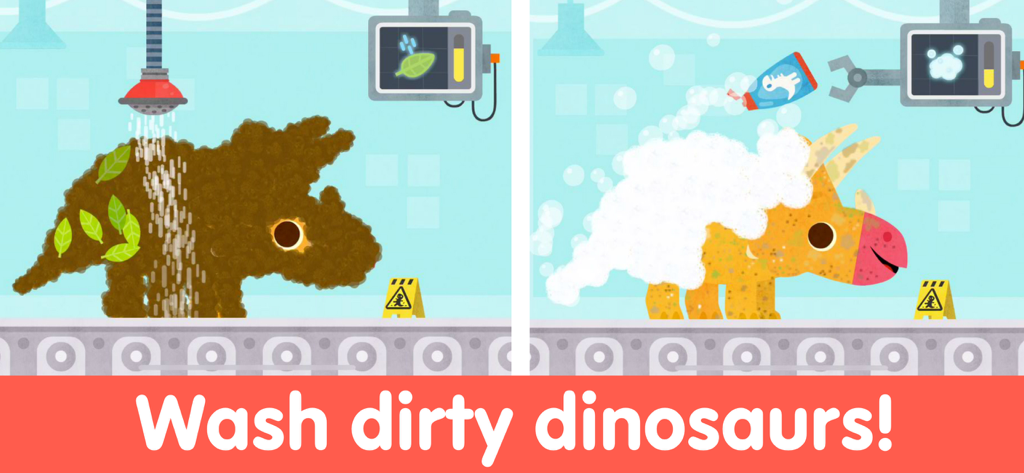 Dinosaur Puzzle Kid Dino Game - Una pantalla de juego para niños que muestra un triceratops sucio siendo limpiado con agua y burbujas de jabón
