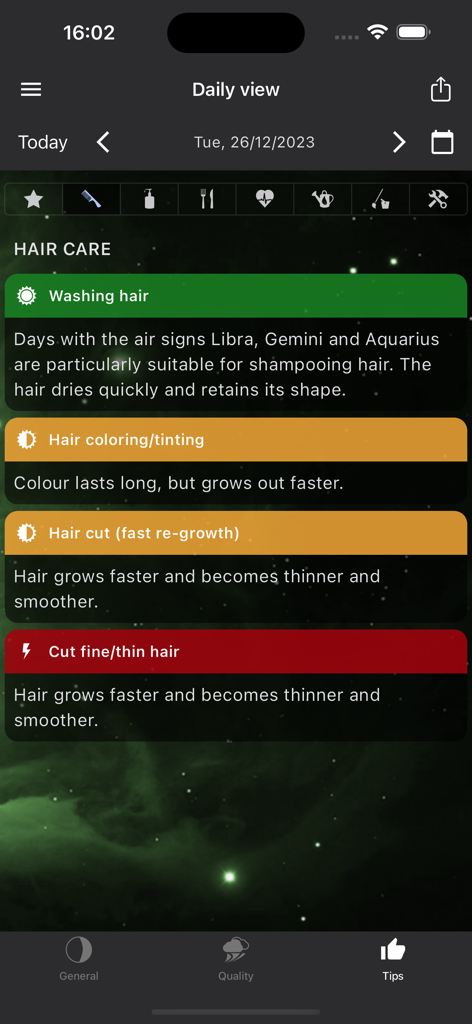 MoonWorx Lunar Calendar - Daily hair care recommendations in the MoonWorx Lunar Calendar app for optimal washing and cutting results.