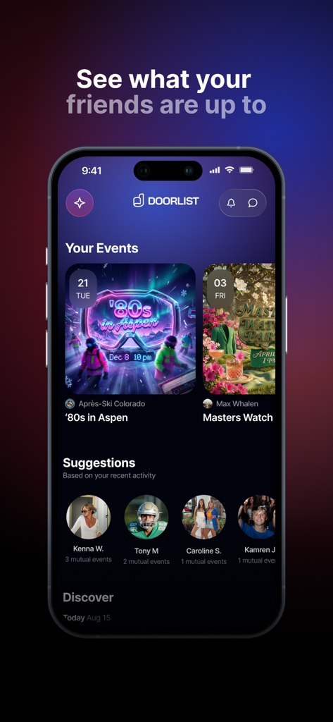 The DoorList app interface showing a feed of upcoming social events and friend suggestions for college students.