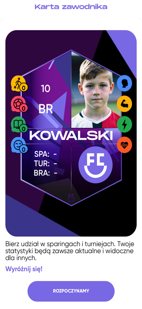 Digitale Fußballspielerprofilkarte mit Leistungsstatistiken und Foto auf FC.APP