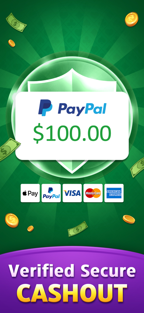 Gin Rummy: Win Real Money - Verified secure cashout screen showing a 100 dollar PayPal payout and supported payment methods like Apple Pay and Visa